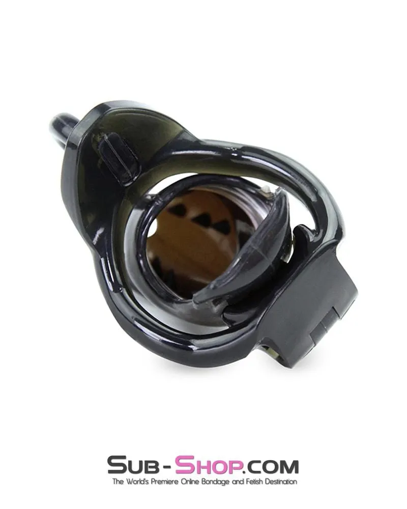 1387AR-SIS      Sissy Cocktease Spiked Long Black Cock Blocker Silicone Locking Male Chastity with Ball Divider