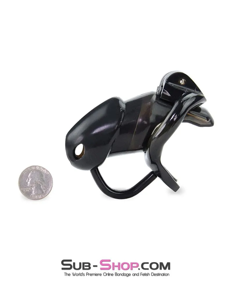 1387AR-SIS      Sissy Cocktease Spiked Long Black Cock Blocker Silicone Locking Male Chastity with Ball Divider