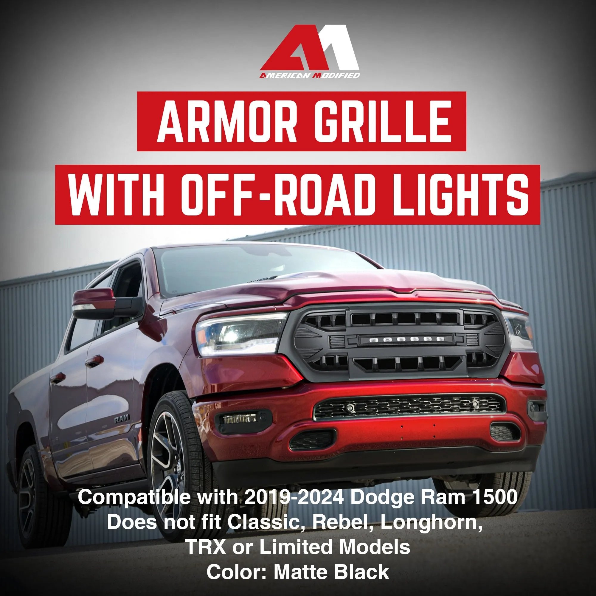 AMERICAN MODIFIED Armor Grille w/Off Road Lights for 2019 to 2024 Dodge Ram 1500