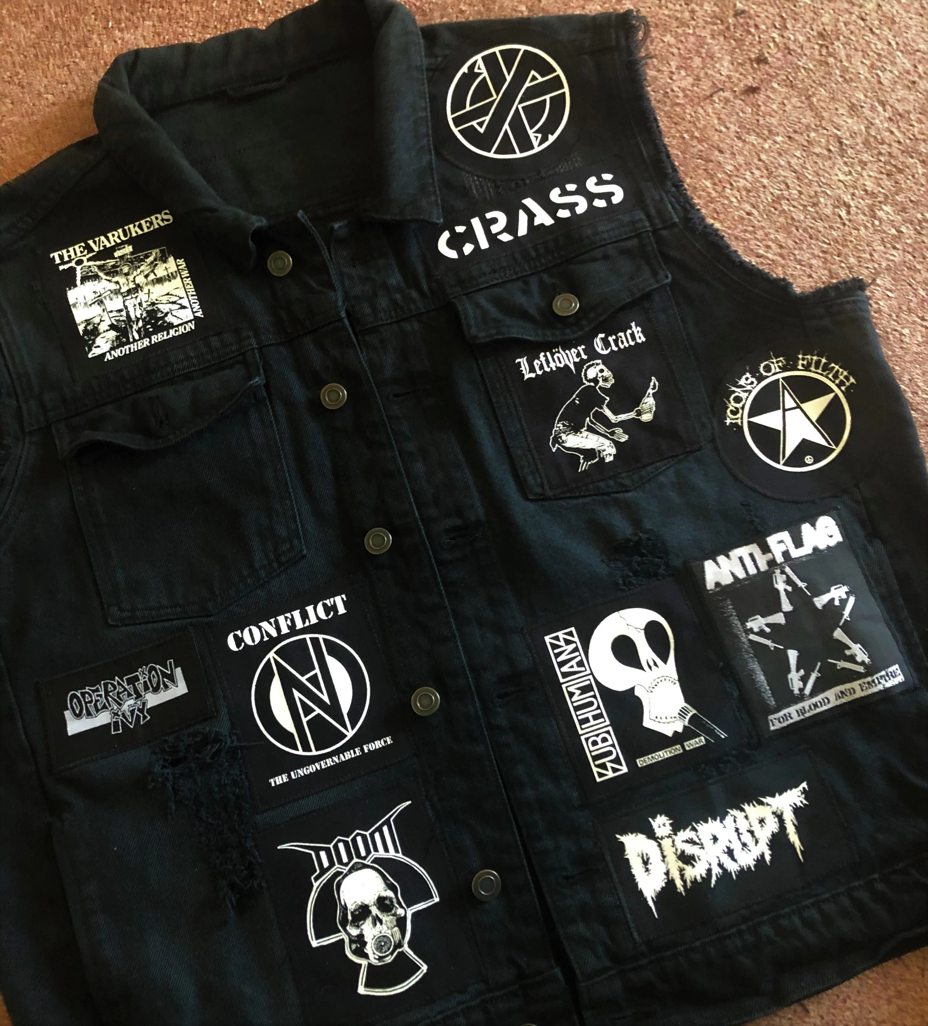 Distressed Punk Rock Slashed Shredded Battle Jacket Mega Patch Cut-Off Denim Vest   Studs & Spikes option