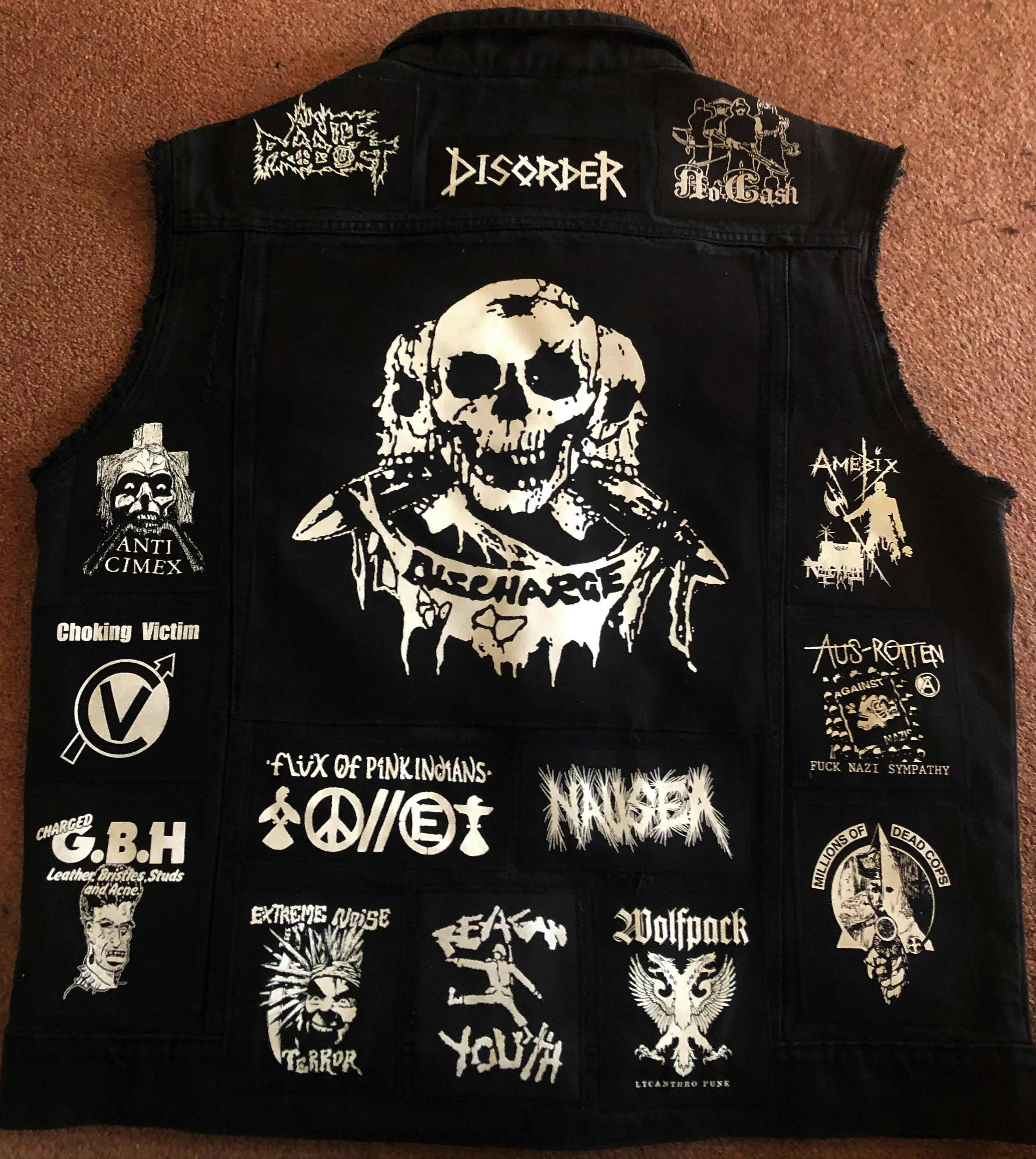 Distressed Punk Rock Slashed Shredded Battle Jacket Mega Patch Cut-Off Denim Vest   Studs & Spikes option