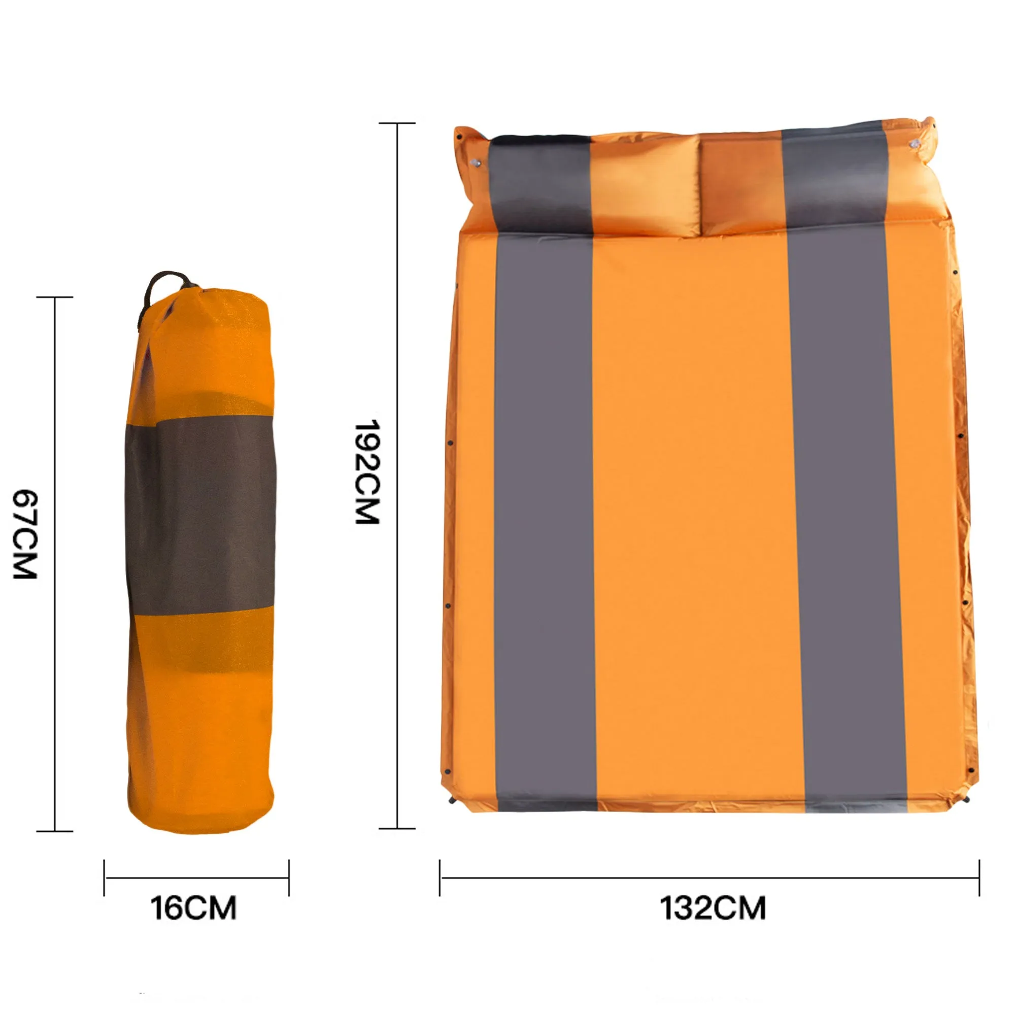 Double Self Inflating Mattress Sleeping Mat Air Bed Camping Camp Hiking Joinable Pillow - orange