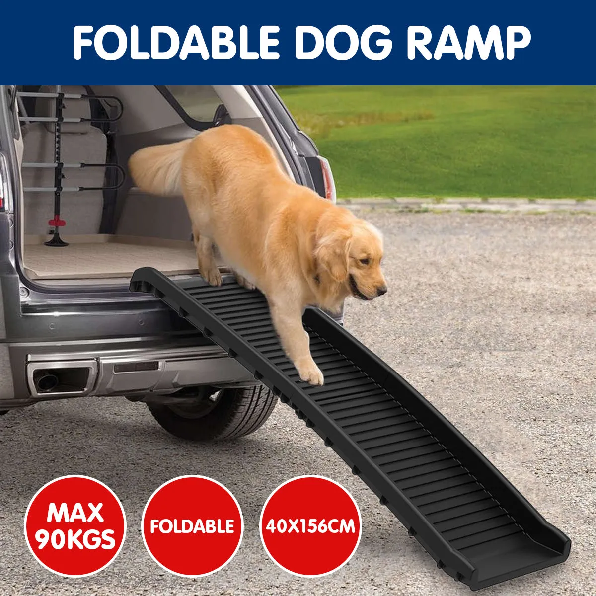 Foldable Anti-Skid Dog Car Ramp, Safety Latch, 90kg Capacity