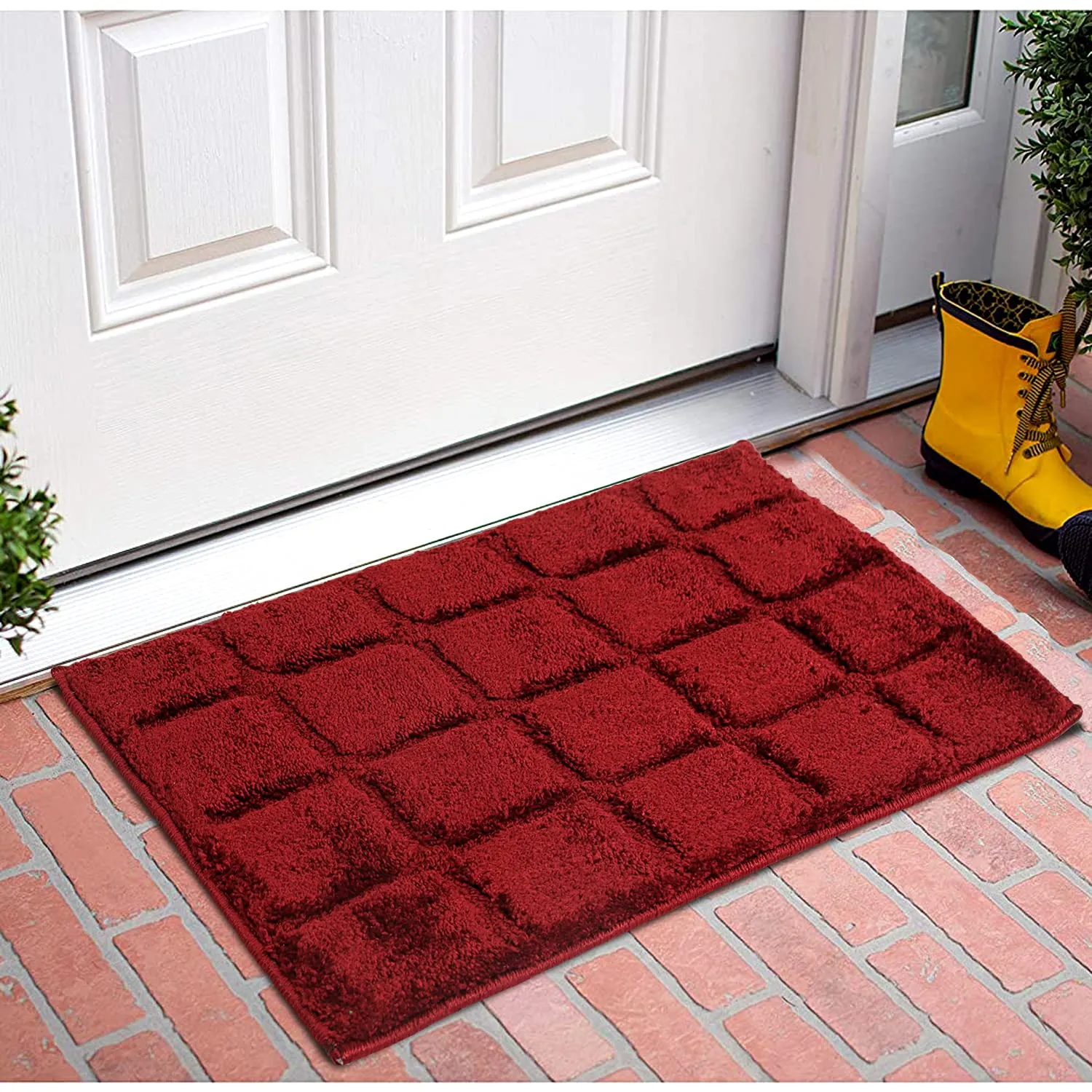 Kuber Industries Square Design Soft, Lightweigth Velvet Doormat/Floor Mat, Pack of 2 (Maroon)