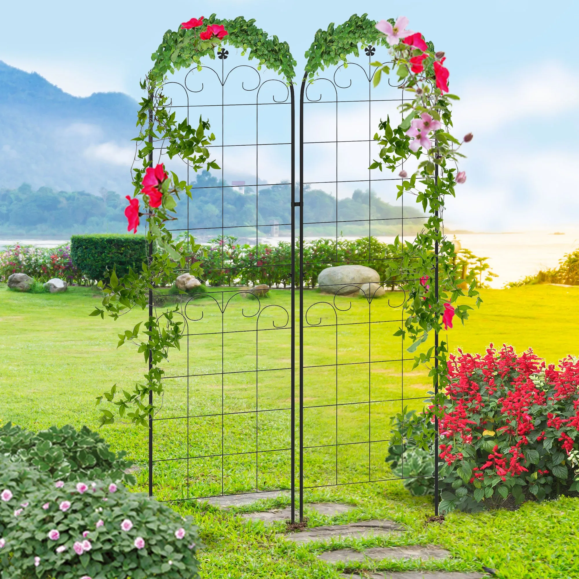 Metal Trellis Set of 2, Garden Trellis for Climbing Plants Support Frames, Floral Design