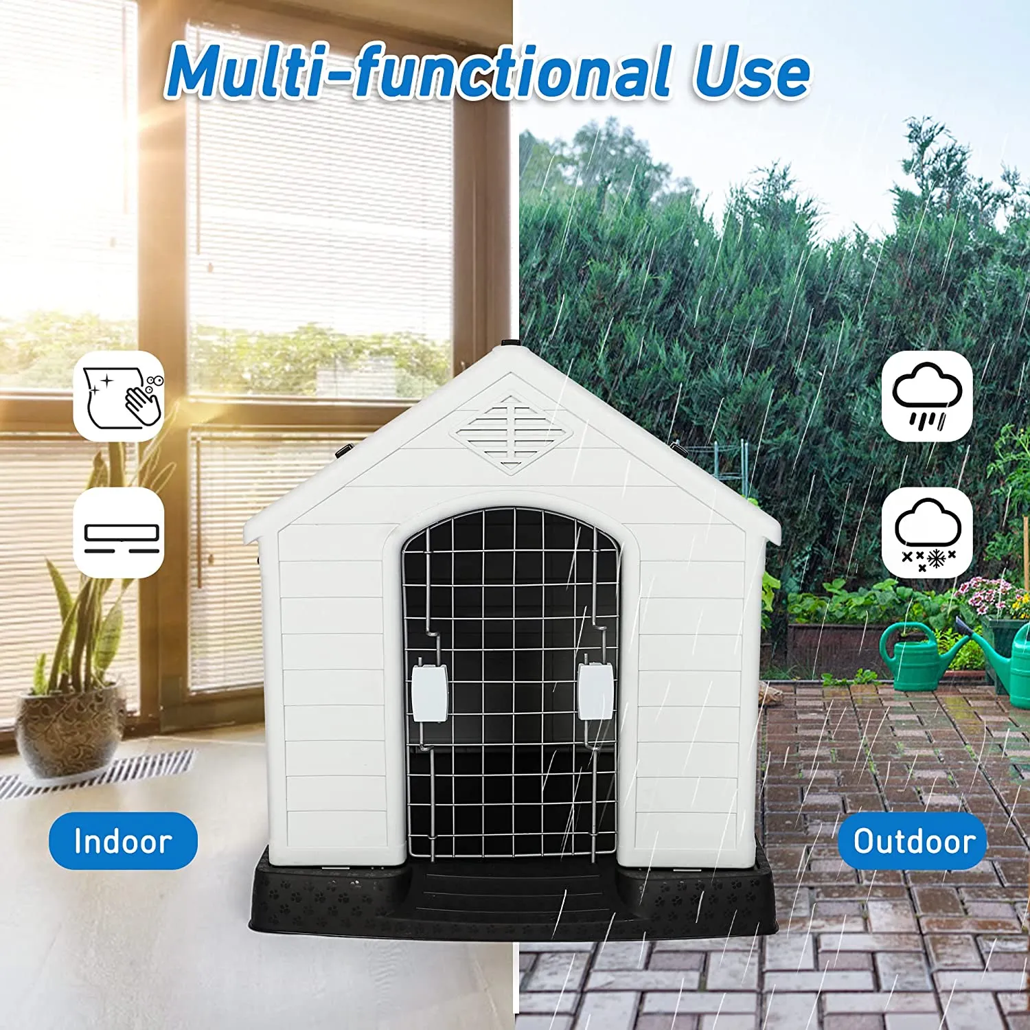 Plastic Outdoor Dog House with Door 24.8" Height Weatherproof Puppy Kennel Pet Crate with Elevated Floor Air Vents, Small