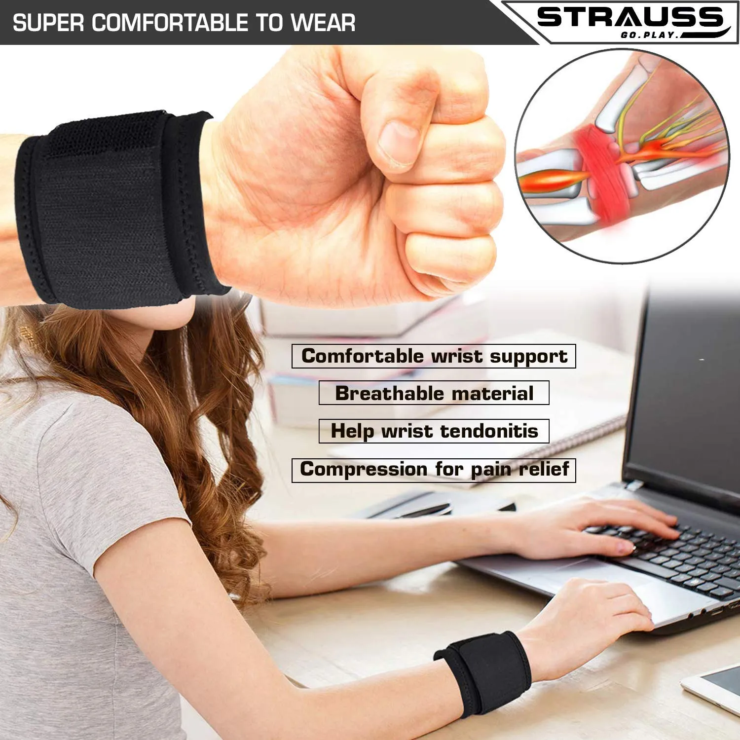 Strauss Wrist Support, Free Size (Black) and PT Cotton Gym Support, Pair (Black)