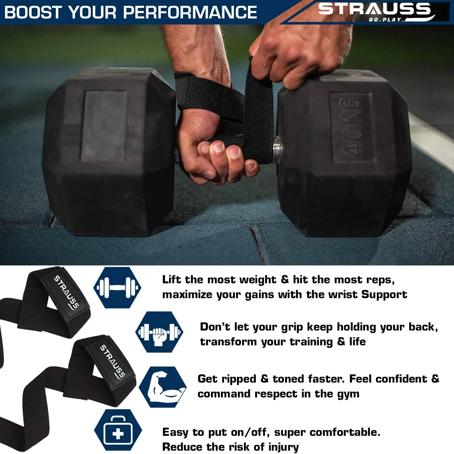 Strauss Wrist Support, Free Size (Black) and PT Cotton Gym Support, Pair (Black)