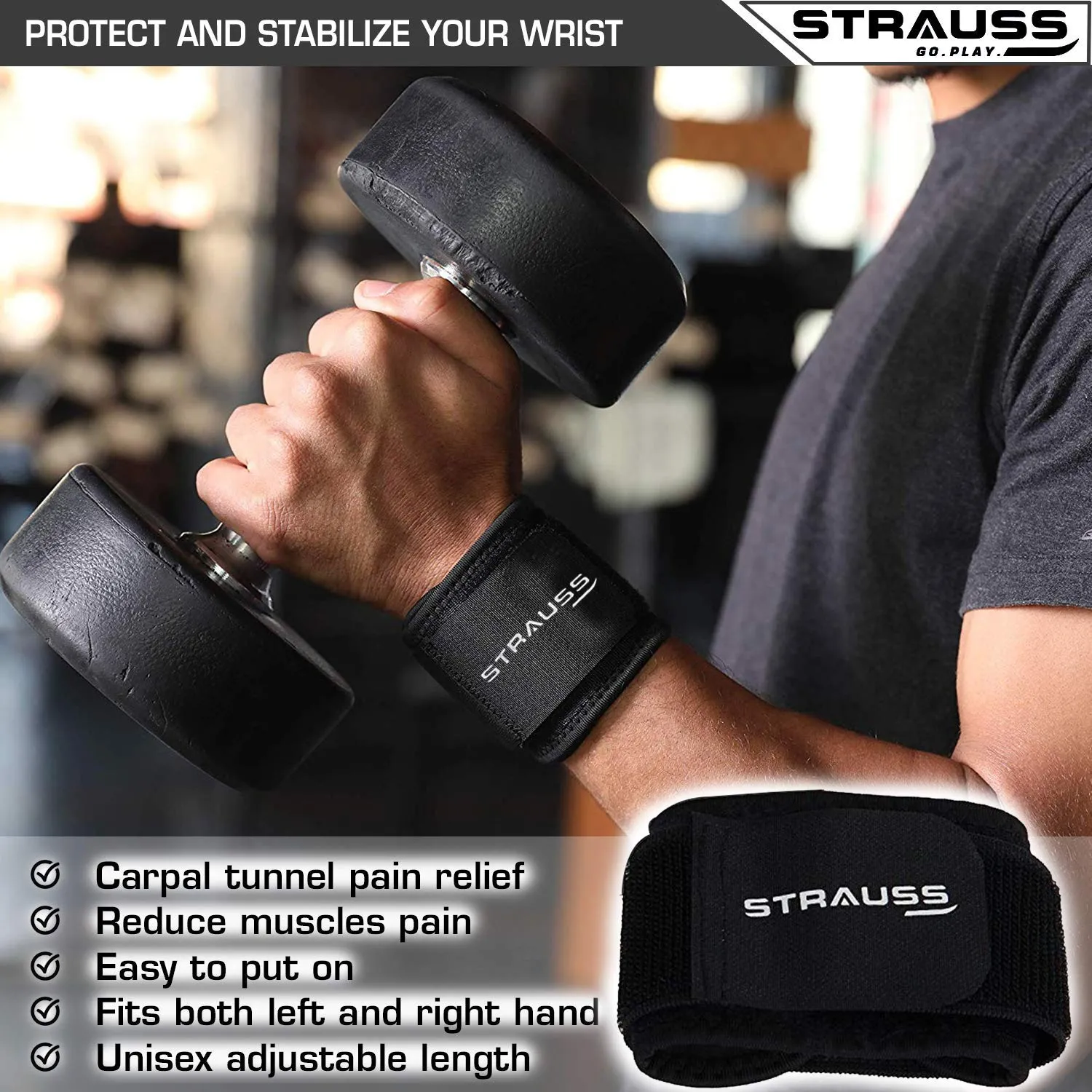 Strauss Wrist Support, Free Size (Black) and PT Cotton Gym Support, Pair (Black)