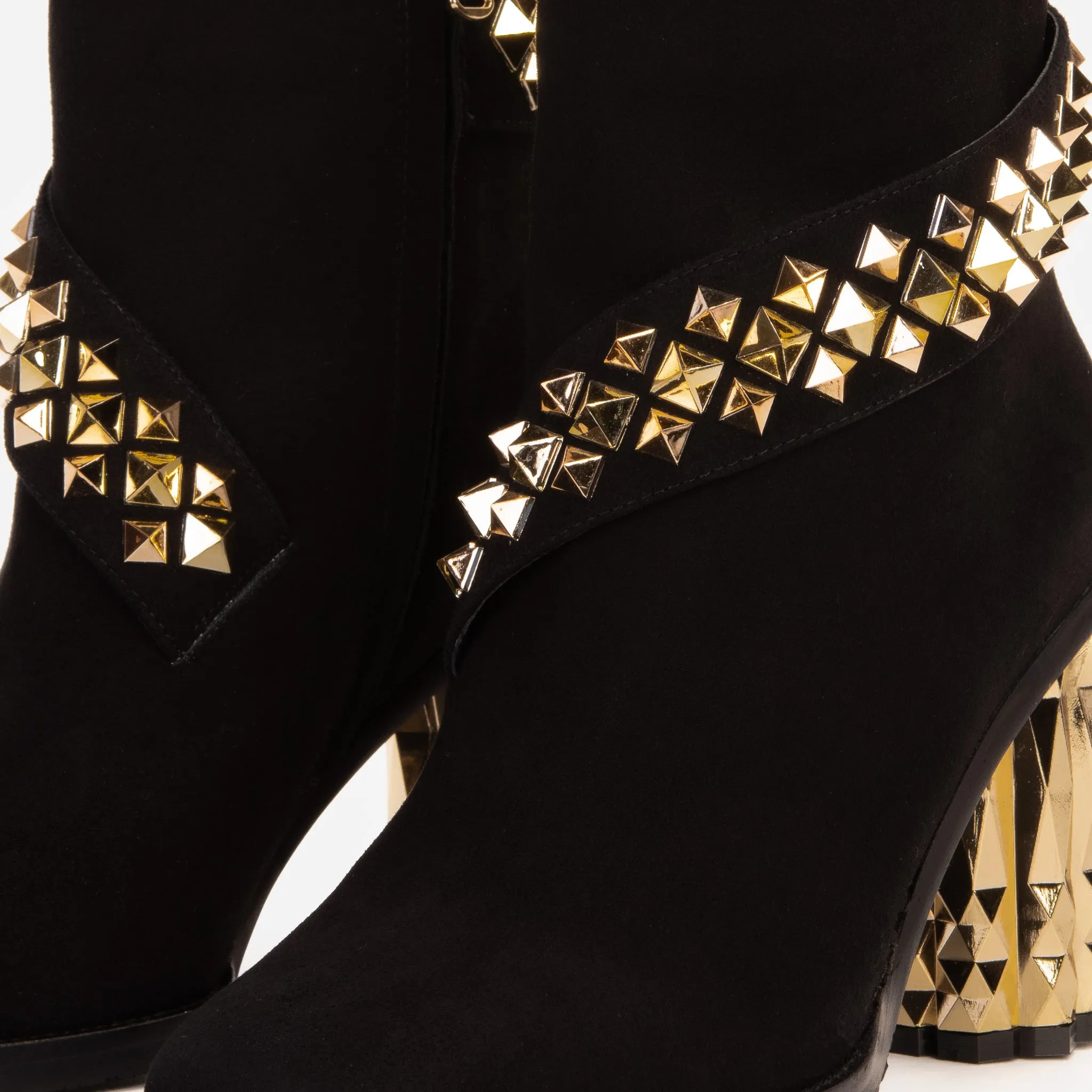 The Metal Black Suede Leather Block Heel Women Boot