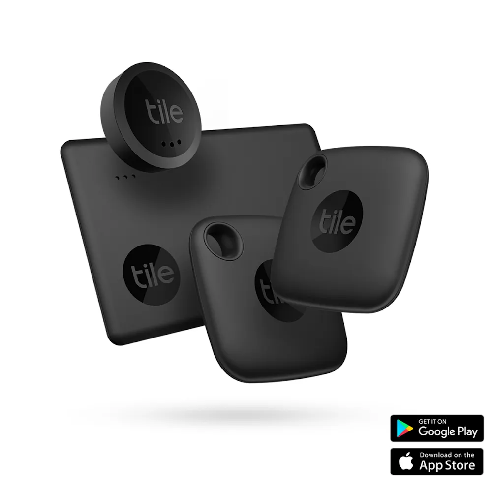 Tile Mate Essential 4-Pack Bluetooth Tracking Devices - Black, (2 Mate, 1 Slim & 1 Sticker) (2022)