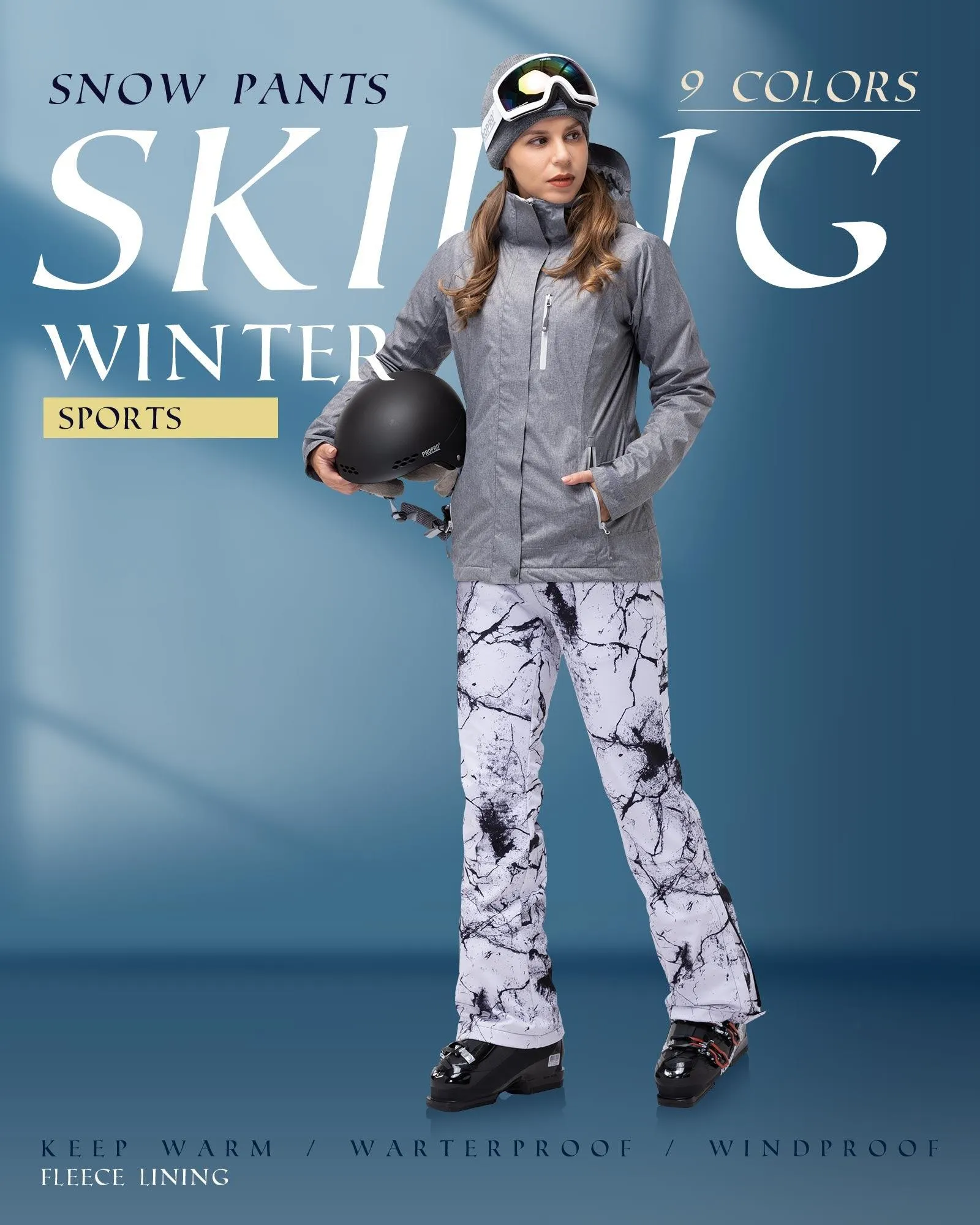 Women’s Outdoor Fleece Lined Ski Pants with Boot Gaiters: 8000mm W/P Index