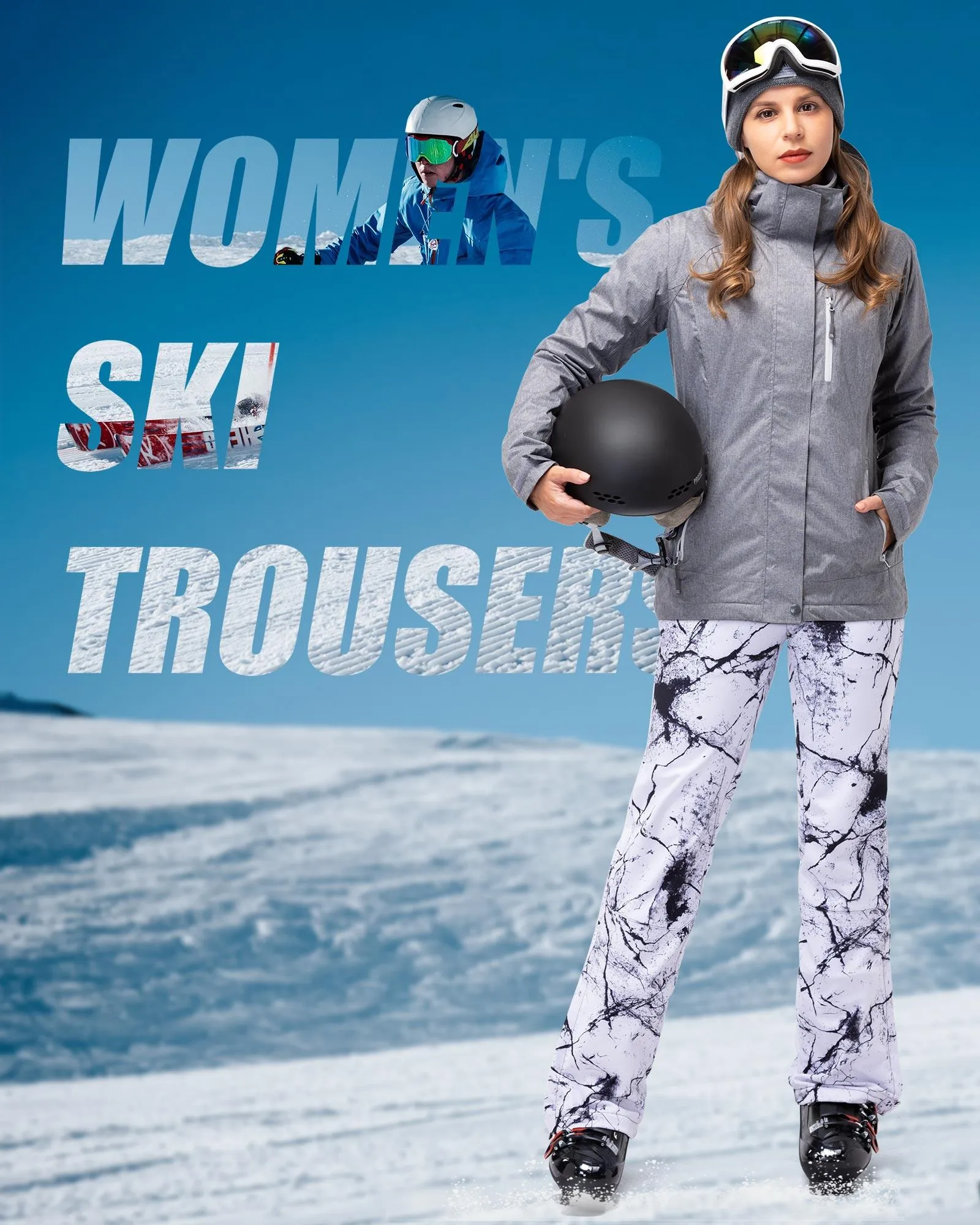 Women’s Outdoor Fleece Lined Ski Pants with Boot Gaiters: 8000mm W/P Index